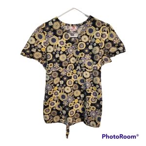 White Cross Scrub Top Size S Yellow Gray Black Floral Chest 20" L 26".